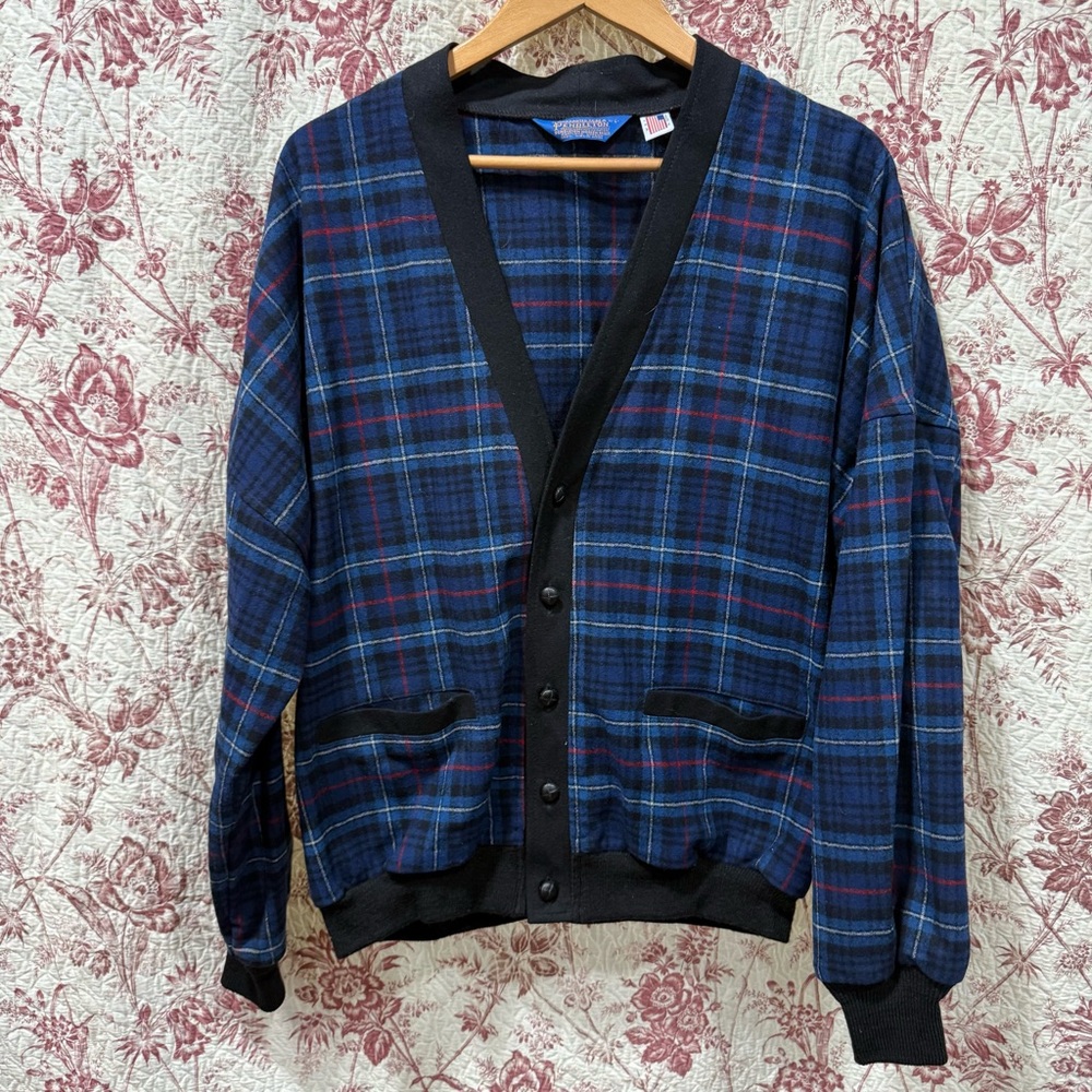 Pendleton Wool Plaid Cardigan USA Made Size L Blue Vintage